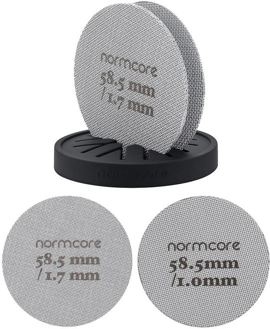 Normcore 53.3mm 퍽 스크린 - 하단 샤워 스크린 - 에스프레소 54mm 포타필터 바스켓용 금속 접촉 스크린 - 1.7mm 두께 150μm - 316 스테인리스 스, 2 Packs 58.5mm Puck Screen wit