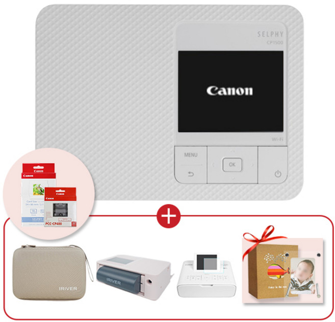 캐논 셀피 CP1500+KC-18IS+아이리버 케이스+외장 배터리 세트, 화이트+IR케이스+배터리, KC-18IS+정품카세트, 필름+카드아크릴액자+앨범