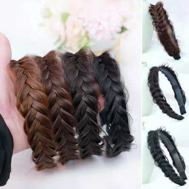 PS 땋은머리띠 꽈배기머리띠 벼머리 자연스러운가발헤어밴드, 네츄럴 블랙, 1개