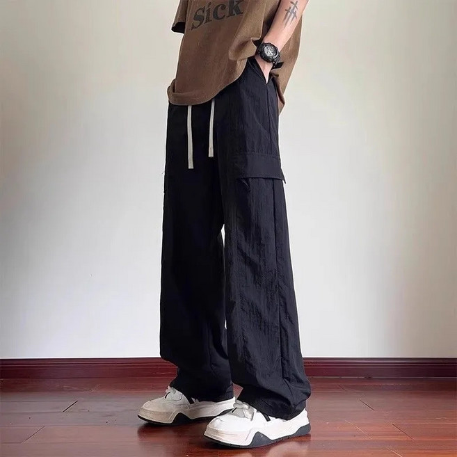 MAKABORO 남성 와이드 팬츠 봄 여름 얇은 통기 무지 캐주얼 일자 카고 바지