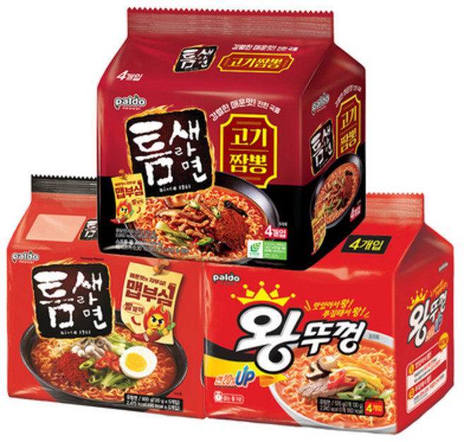 틈새라면고기짬뽕4봉+틈새라면빨계떡5봉+왕뚜껑봉지면4봉, 1세트
