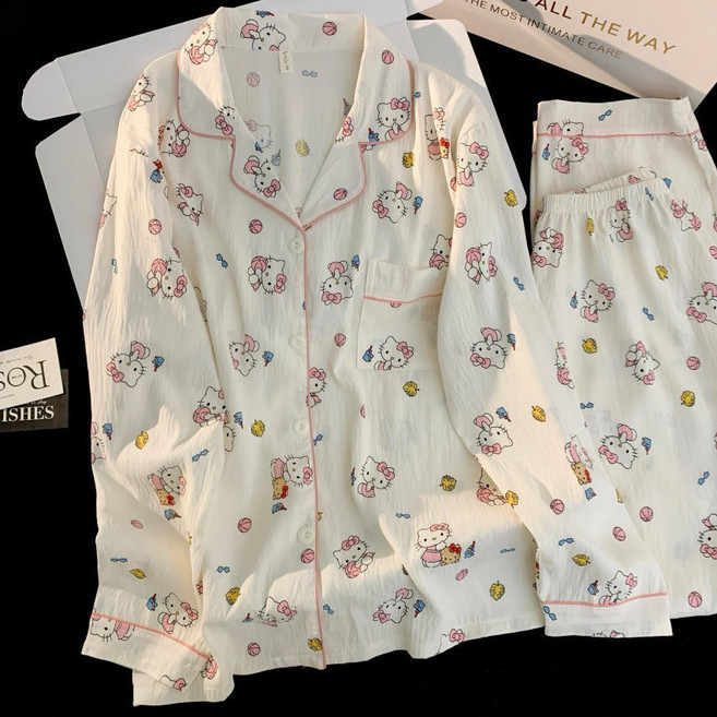 Lris 헬로키티 남녀공용 잠옷세트 봄가을 커플 홈웨어 상하세트