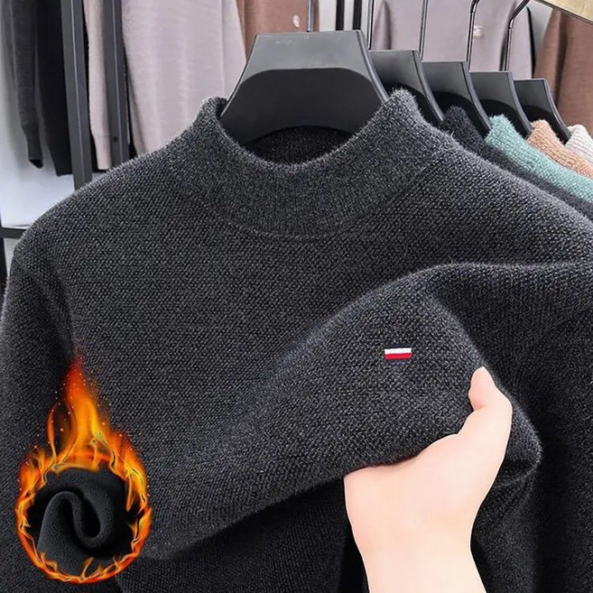 지고다그 남성 겨울 기모 니트 맨투맨 반폴라 디자인 두꺼운 보온 라운드넥 따뜻한 티셔츠 HH3977