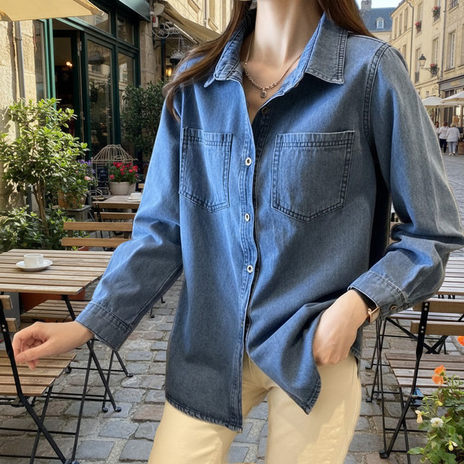 더그랜 여성 내추럴 루즈핏 데님 셔츠 긴팔 남방 청남방 포켓 포인트 데일리룩