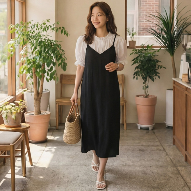 무롤브 D122-1 빅사이즈 여성 브이넥 민소매 A라인 뷔스티에 롱 원피스