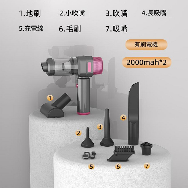 數顯無線吸塵器 吹吸抽一體手持車載家用寵物吸毛, 3103 - A - 基礎款 - 有刷電機 2000mah*2 - 灰色, 如圖