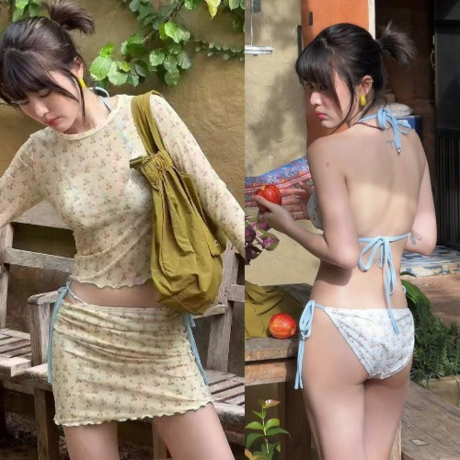 히또리 S2630 4피스 여성 수영복 곰돌이 살탐 방지 래쉬가드 비키니 치마 티셔츠 풀세트, M(40-50kg)