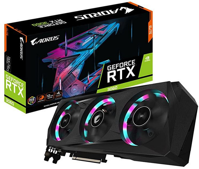 Gigabyte AORUS GeForce RTX 3060 Elite 12G (REV2.0) 그래픽 카드 3X WINDFORCE 팬 12GB 192비트 GDDR6 GV-N3060, 기가바이트 AORUS 지포스 RTX 3060 엘리트 1