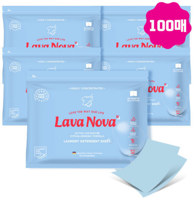 LavaNova 라바노바 시트형 고농축 세탁세제 바로 녹는 간편한 여행용 시트세제 보관하기 쉬운 시트세제, 20매입, 5세트