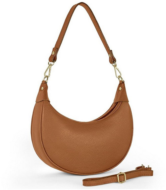 여성용 이탈리아 천연 가죽 숄더백 짧고 긴 스트랩이 있는 초승달 안장 스타일 | 부드러운 지갑 브라운. 스몰 스트랩 2개가 크레센트 숄더백