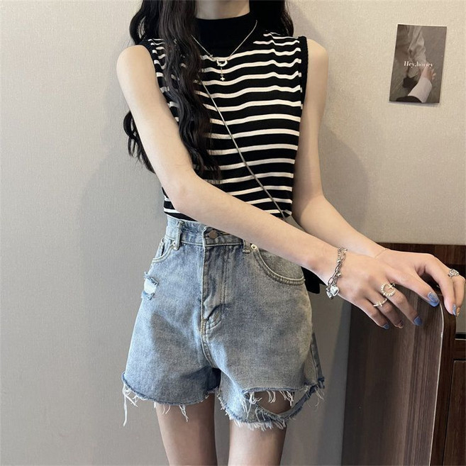 여성 여름 목폴라티 캐주얼 슬림핏 민소매 반폴라티 프렌치 여자 반목 스트라이프 숏 상의 YJW