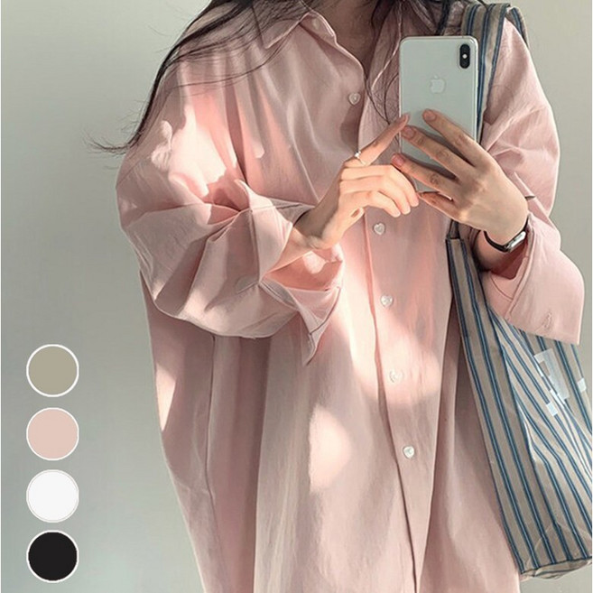 VERIT 오버핏 레귤러카라 하트버튼 루즈 롱 셔츠 VT193