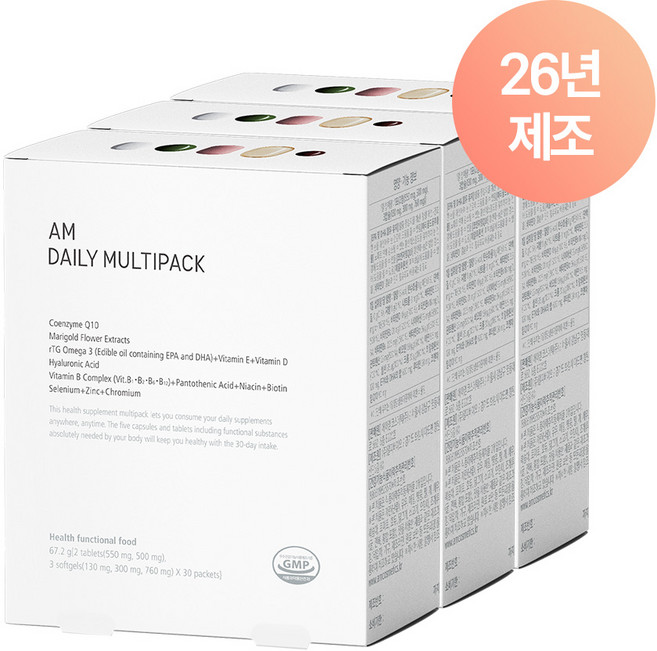 [공식몰 정품] 26년제조 에이엠 데일리 멀티팩 하루 한포 올인원 면역 활력 영양제 오메가3 히알루론산 루테인 코엔자임Q10 비타민B 1Box(5캡슐 30포), 없음, 3개, 67.2g