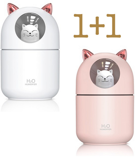 야옹이 가습기 애완 고양이 300ml 대용량 미니가습기 USB 가습기 무드등 필터 5개포함 KC인증 대량구매, 화이트+화이트