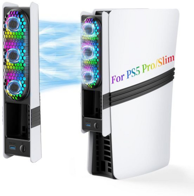RGB PS5 슬림프로 쿨링 팬 PS5 프로슬림을 위한 자동 전원 냉각 시스템 3개의 팬3개의 속도USB 3.0 포트 PlayStation 5 슬림프로 디지털 및 디스크 에디션