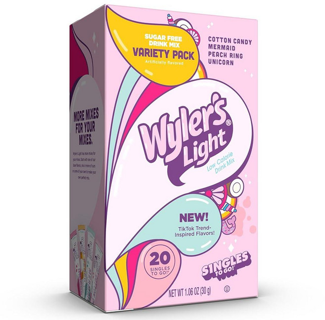 Wyler's Light Singles to Go 파우더 패킷 워터 드링크 믹스 버라이어티 팩 라임 바나나 코코넛 망고 워터톡 베이스 맛 설탕 및 카페인 프리, Watertok 재미있는 맛, 30g, 1개