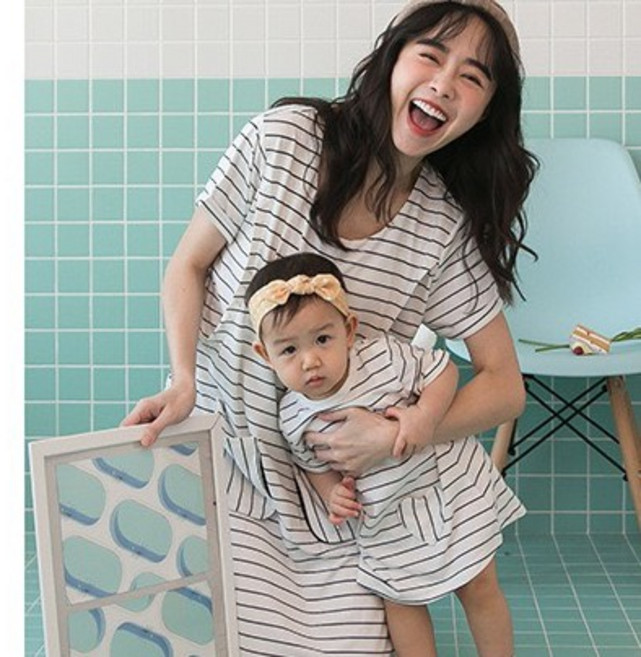 BabyShare 親子裝條紋哺乳裙 附寶寶衣 舒適親膚
