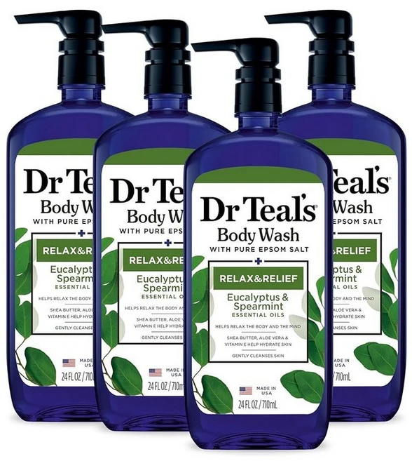 Dr Teal's 퓨어 엡섬 솔트가 함유된 바디 워시 유칼립투스 및 스피아민트 함유 릴랙스 앤 릴리프 709.8ml(25.3온스) (4팩), 710ml - 쿠팡