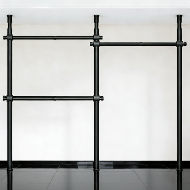 32파이 와이드 3단 행거 고강도 스틸 파이프 설치형 튼튼한 시스템 행거, 블랙