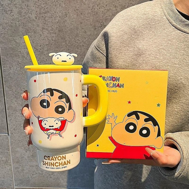 크레용 신짱 짱구 도자기 머그컵 빨대 손잡이 음료컵 텀블러, 1개, 짱구 뽀뽀 - 360ML