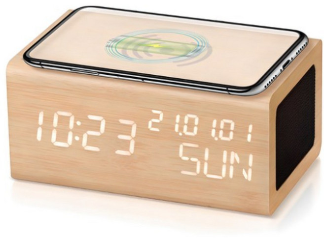 브리츠 무선 충전 블루투스 LED 탁상 시계 알람 스피커 BZ-E3BT, WOOD (우드)