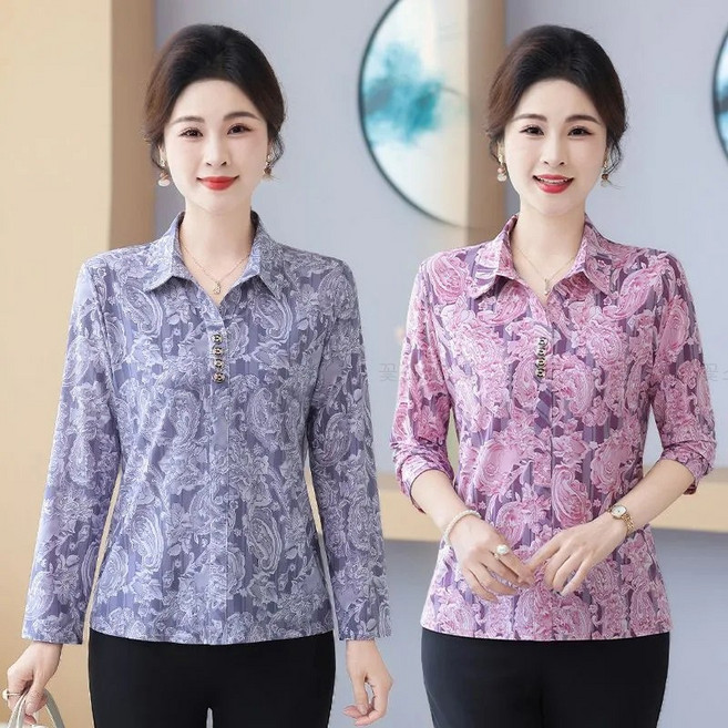 꽃소담 중년여성 약스판 플라워 프린팅 긴팔 카라티 꽃무늬 엄마 할머니 옷 MAL26A679