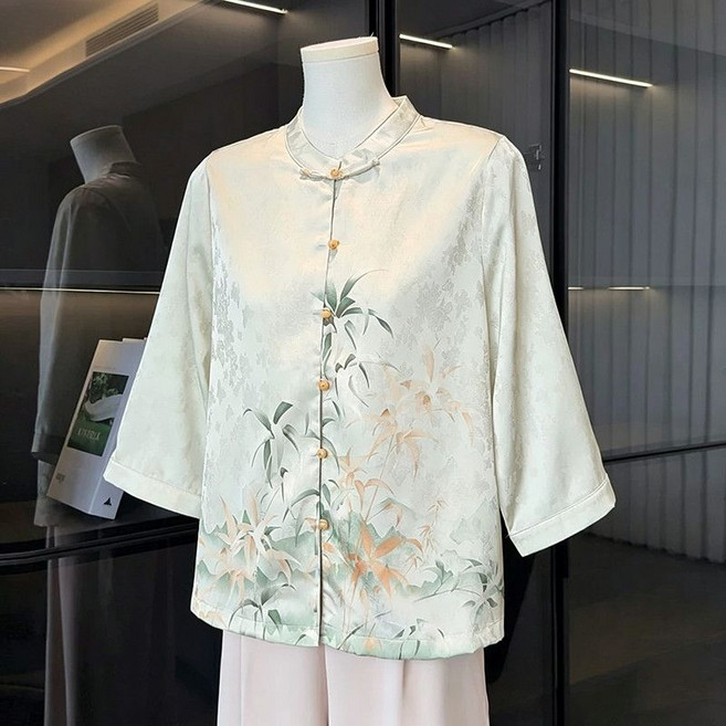媽媽襯衫 中老年女裝 國風上衣, 1個, 淺綠色4XL 建議【135-150斤】