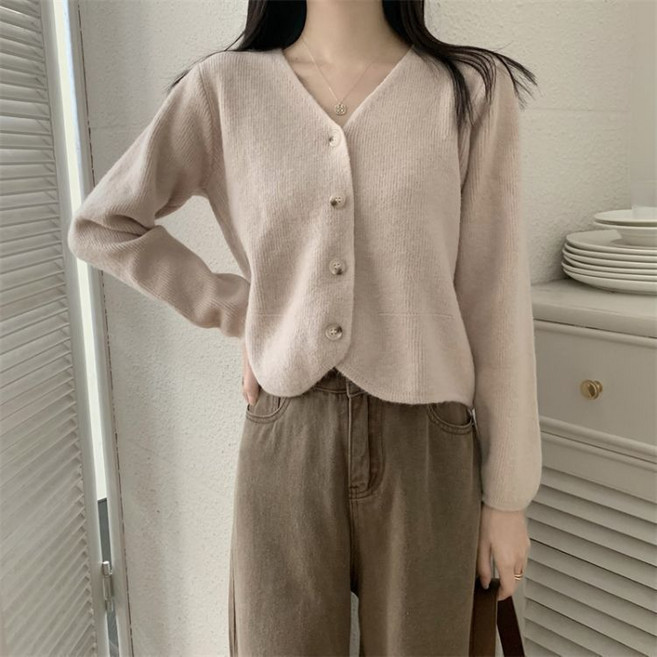 데일리픽쳐 여성용 크롭 긴팔 브이넥 니트 가디건