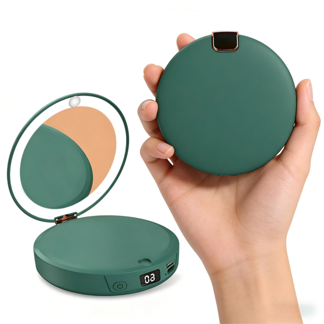 Surkat 미니 3in1 휴대용 여행용 C타입 충전식 거울 보조배터리 손난로, GREEN, 5000mAh+손거울