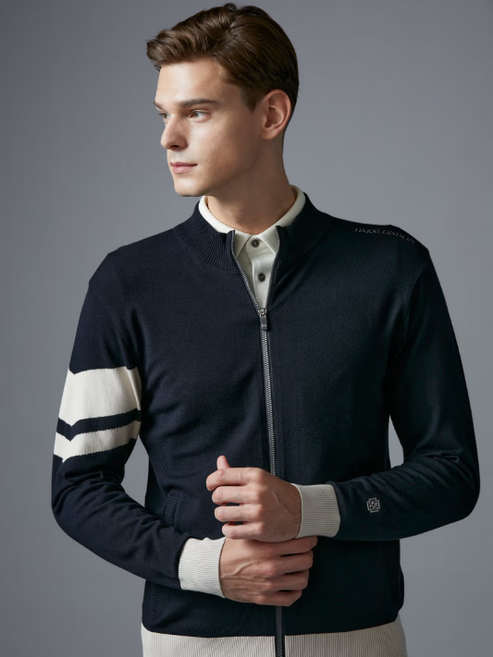 [닥스골프] 남성 네이비 솔리드 소매 포인트 풀집업 스웨터 DGSW2C603N2