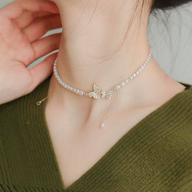 일호장신구 트윈 버터플라이 드롭 펄 초커 진주 큐빅 청순한 봄 원피스코디 데이트룩 주얼리