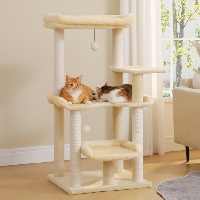 PAWZ Road 4단 패브릭 대형 플랫폼 고양이 캣타워 큰 사이즈 휴식공간 + 면끈 스크래쳐 + 낮은 단차, 1개, 베이지