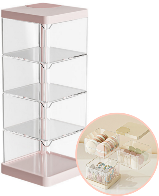 투명 다용도 회전 머리끈 머리핀 악세사리 정리함 퍼프 수납, 핑크, 4단