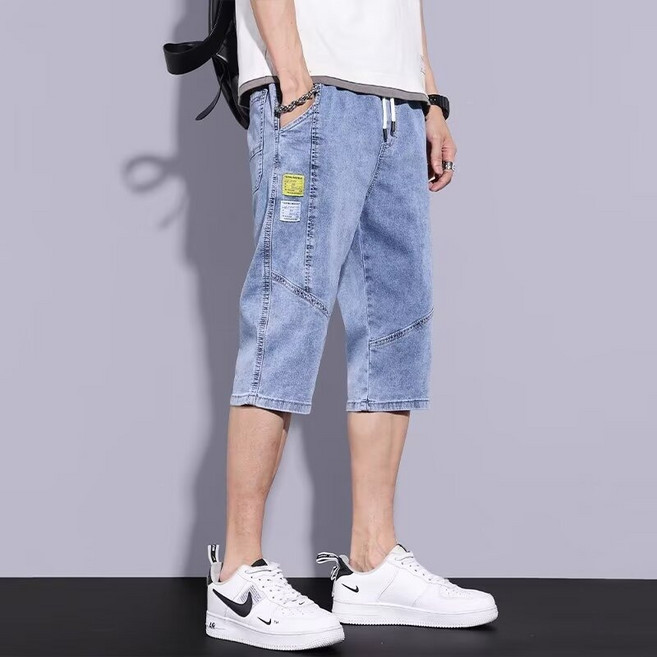 牛仔七分褲男【S-5XL】夏季薄款 韓版日系 港風復古 大尺碼 休閒褲 運動褲