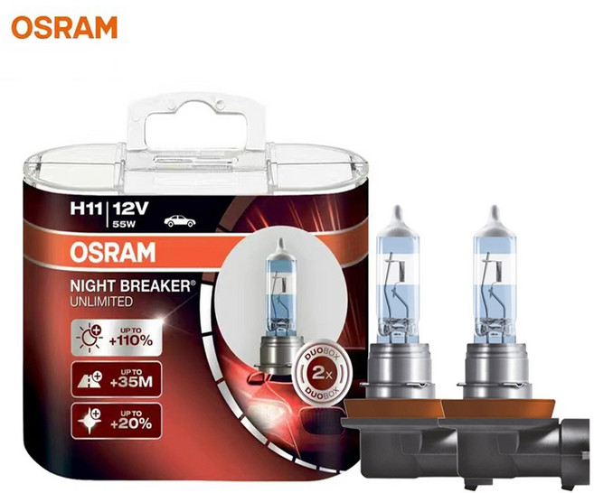 오스람 나이트 브레이커 무제한 H11 64211NBU HB3 9005 HB4 9006 할로겐 헤드라이트 12V 55W 3600K +110% 밝은 안개등, 64211NBU H11, 1개
