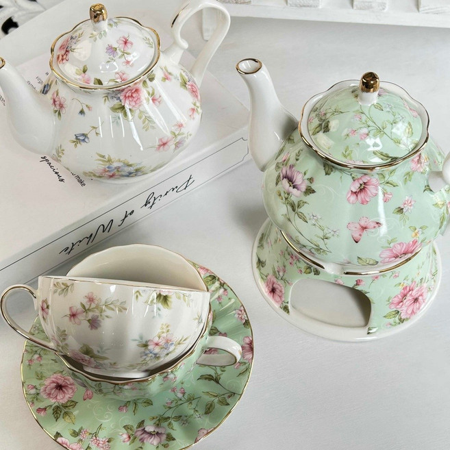 감성 티팟 차 주전자 티포트 도자기 찻주전자 북유럽, 커피잔세트-녹색