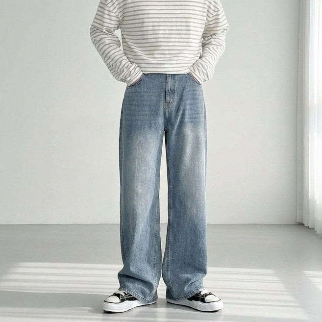 코튼 S~4XL 빅사이즈 워싱 스트레이트핏 롱 와이드 일자 데님 팬츠 청바지