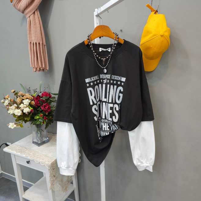 롤링스톤즈 레터링 오버핏 라운드넥 여성 면 긴팔 티셔츠