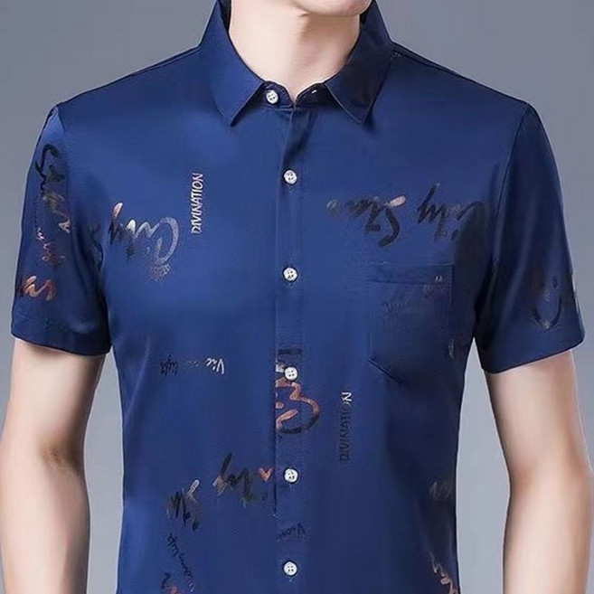 블라벨리 남성 실크 셔츠 반팔셔츠 비즈니스 댄스복 캐주얼 남방 시원한 중년 아빠룩 프린트 냉감티 ZH1006, 네이비1