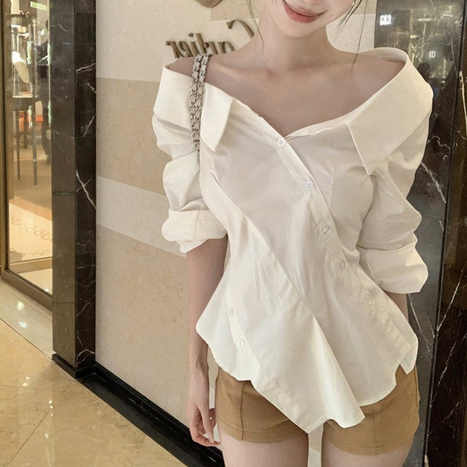 Vezri 여성용 여름 오프숄더 블라우스 슬림핏 화이트 셔츠