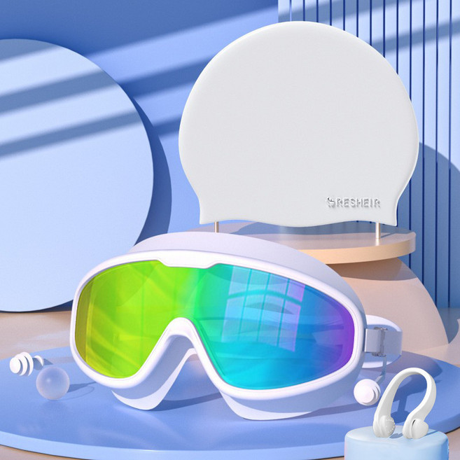 성인 고화질 대형 프레임 수영 고글 방수 방습 근시 투명 안경 남녀 실리콘 수영모 세트 전문 수영, 하얀색도금고글+하얀색수모+코 클립, 1세트