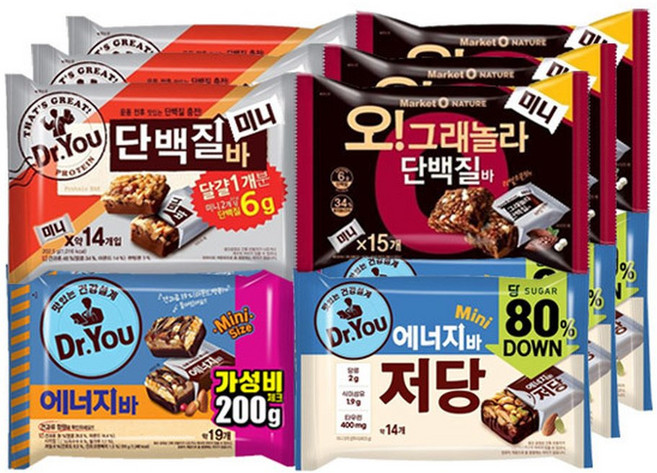 오리온 닥터유 단백질바 미니 202.5g+저당 미니 202.5g+에너지바 200g+오그래놀라 단백질 192gx각3개(12개), 12개, 500mg