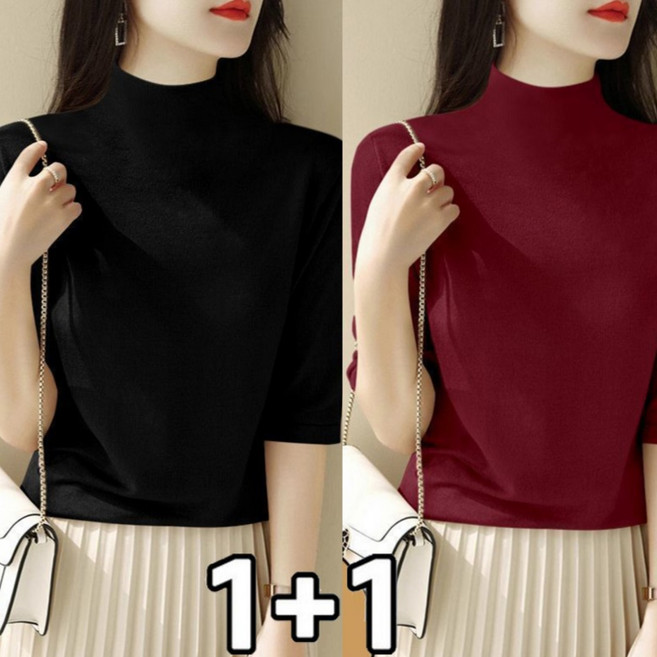 FANSYLI 1+1 여성 빅사이즈 반팔티 심플 슬림 반폴라 티셔츠 얇은 5부 이너 티셔츠 투피스 XR2601J14