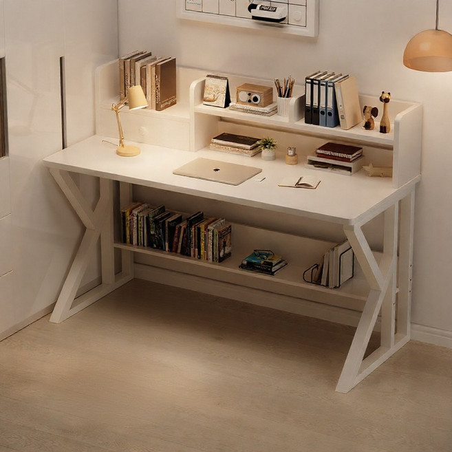 ANYOU 책상+책장 일체형 멀티데스크 학생책상 게이밍데스크 컴퓨터책상 크림 화이트 대용량 수납 듀얼 강화 프레임 모던 심플 디자인, 흰색
