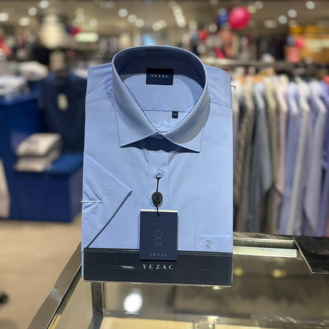 [예작]남성정상 와이셔츠 코튼믹스 카라배색 블루 일반핏 반팔셔츠(YJEMBR204BL)