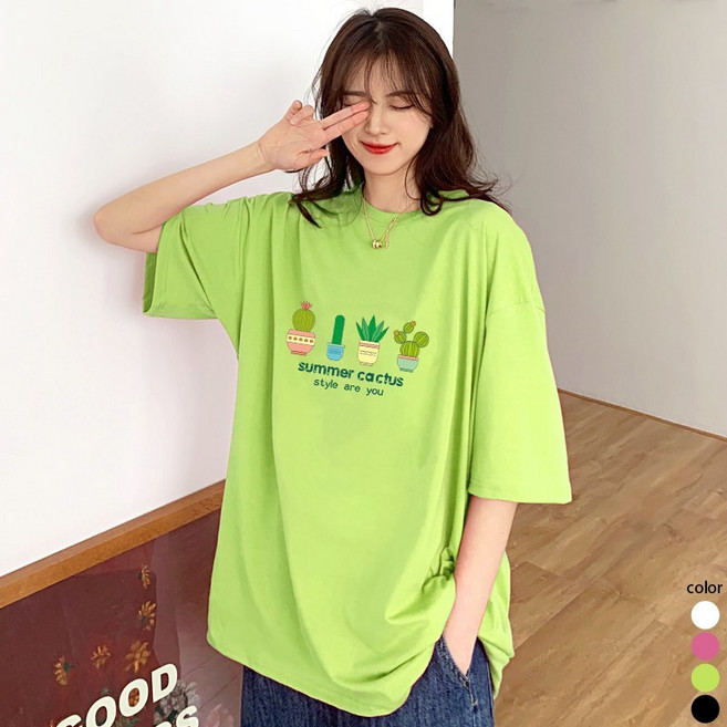 스타일아유 여성용 면100% 선인장 도안 오버핏 반팔 순면 티셔츠 [AYG6TS421A]