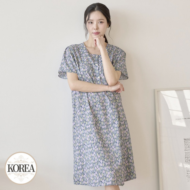 반팔 잠옷 여성 원피스 홈웨어 카라후 M5393