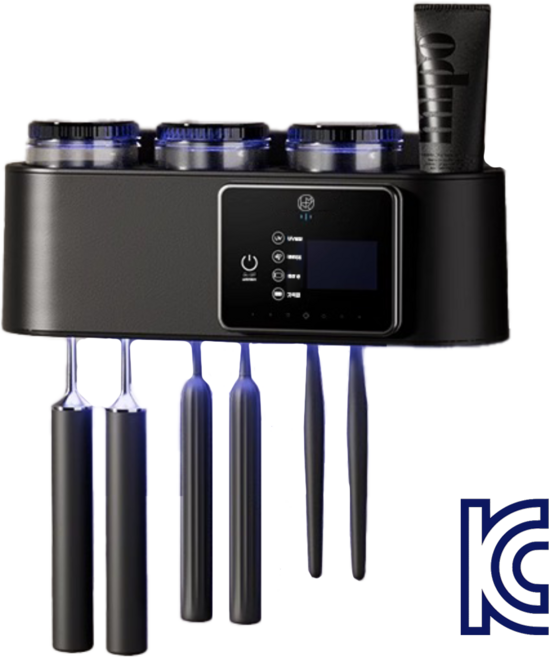 케이엠 무타공 설치 스마트 무선충전 가정용 살균 건조 양치컵세트 칫솔살균기, 블랙, 6구+3컵