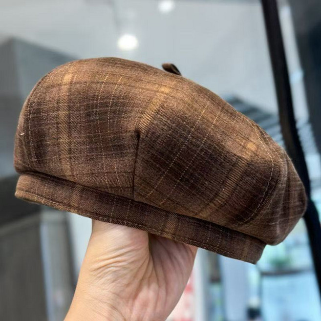 여성 베레모 봄 가을용 고급 울 소재 체크 패턴 클래식 스타일 YLP