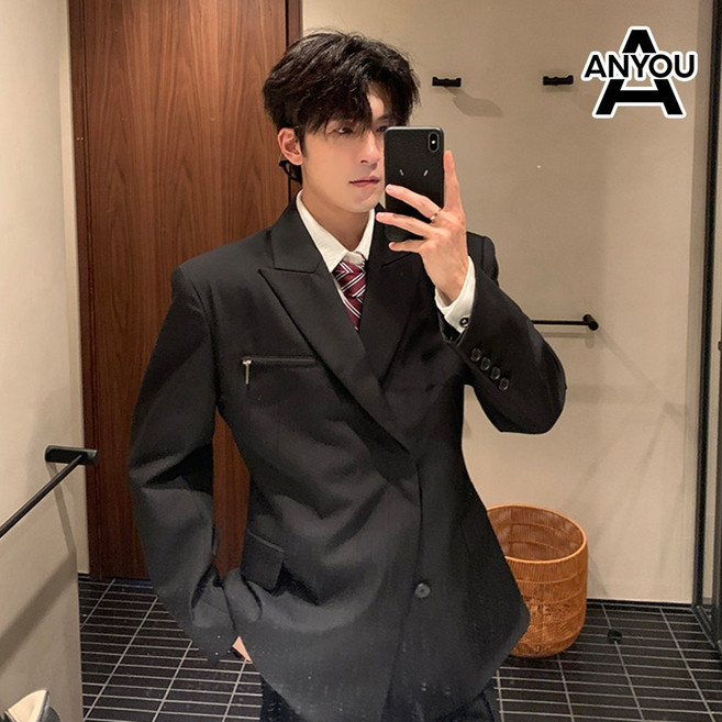 ANYOU 남성 세미정장 오버핏 사계절 경량 캐주얼 정장 자켓 스트릿 데일리 아우터